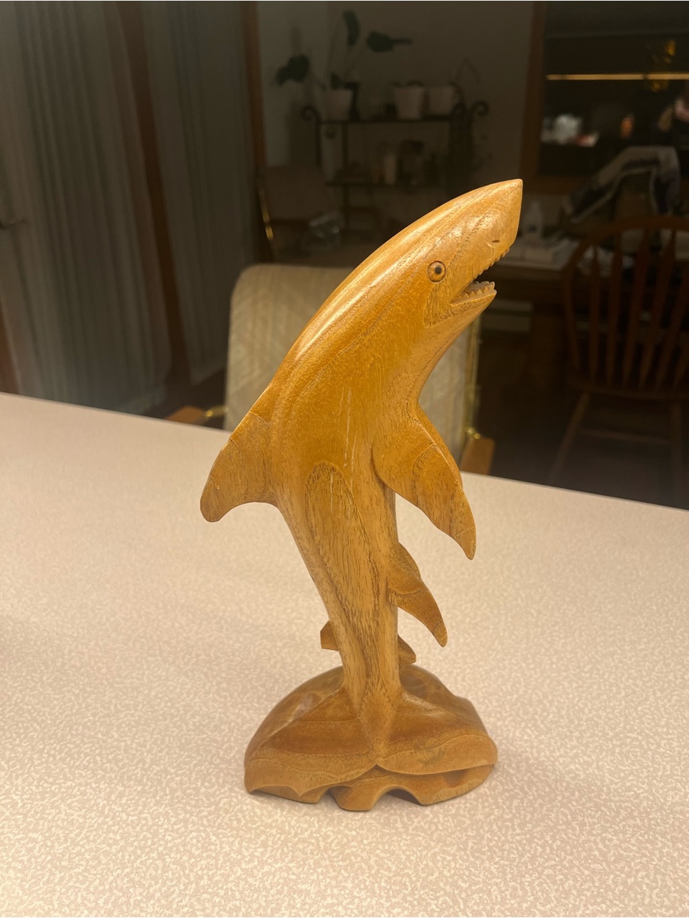 Hand-Carved Wooden Shark Figurine - Natural Brown